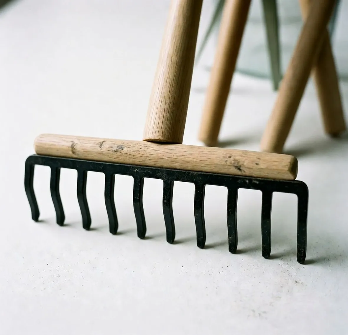 rastrello con manico di legno e dentatura di metallo