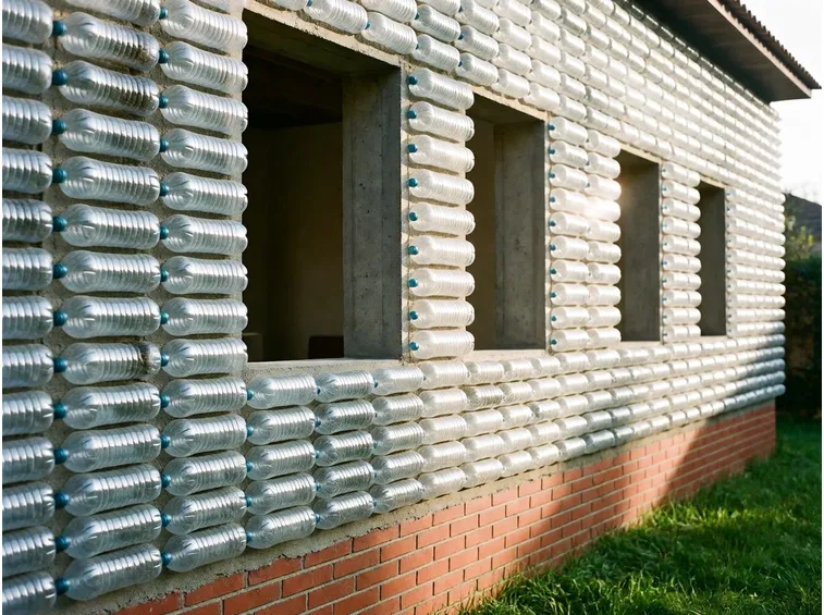 parete costruita con bottiglie di plastica